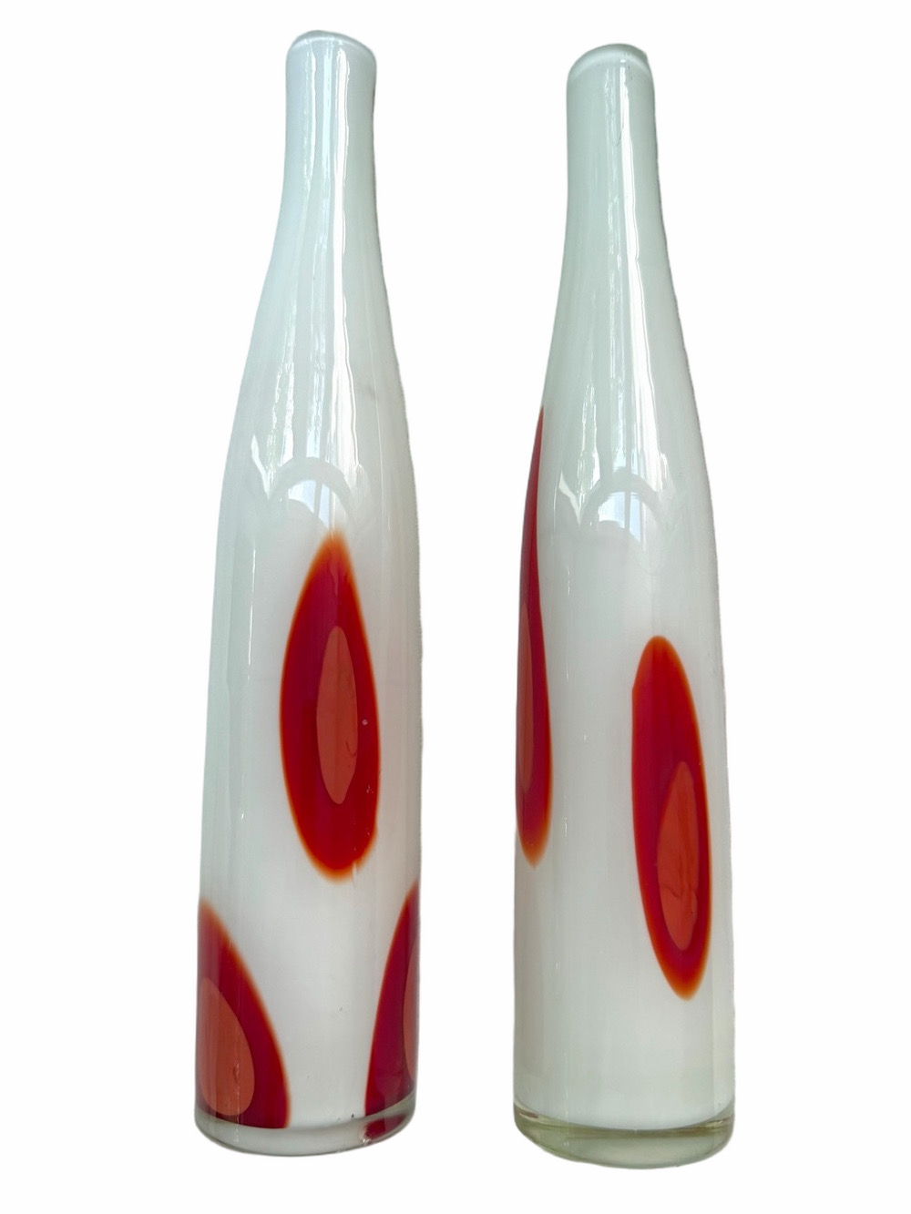 2 Vintage Murano Hand-Blown Art Glass Vases White Base Red Pulled Cane Dots